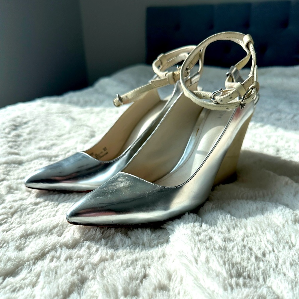 Coach OLLIE Womens Shoes Silver Metallic Leather High Wedge Heels Ankle Straps
